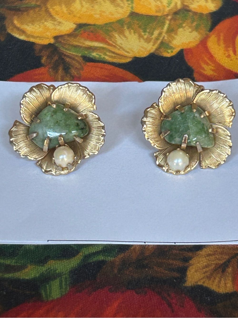 Vintage Gold Floral Clip On Earrings with Green Stone and Pearl Accent